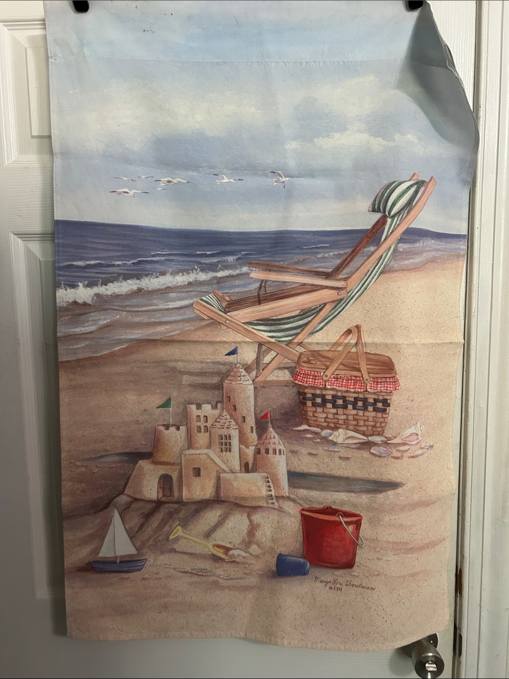 Coastal Beach Scene Decorative Flag in Blue and Sand